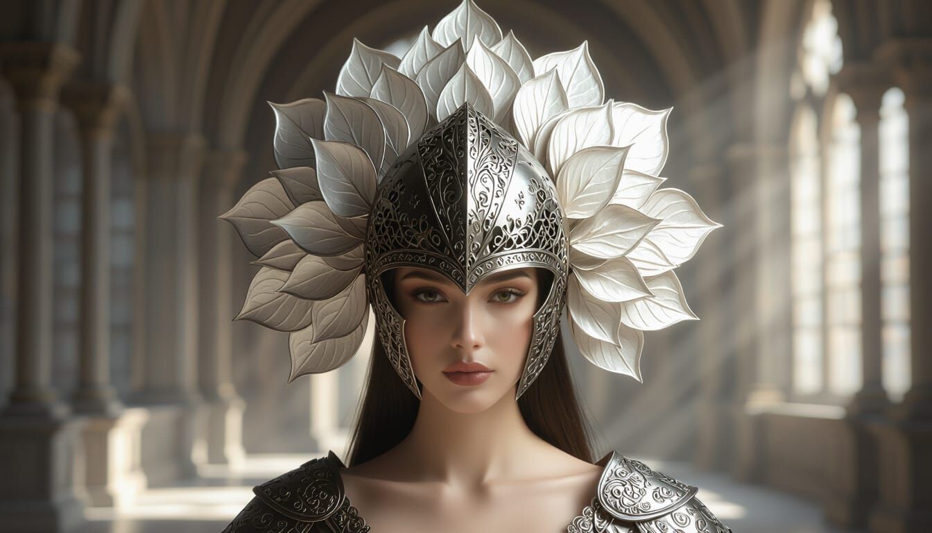 Surreal Medieval Woman with Petal Helmet