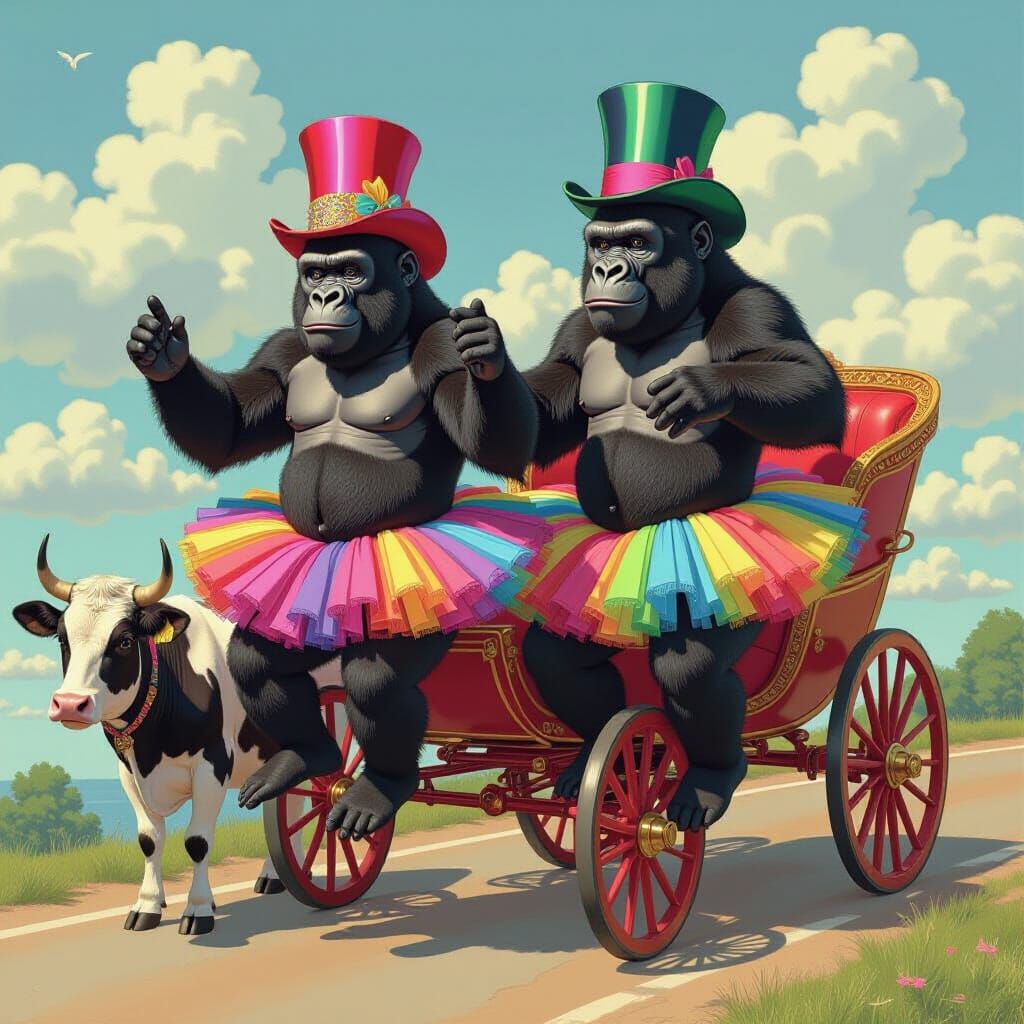 Gorillas Dancing Polka on Carriage in Playful Surrealism