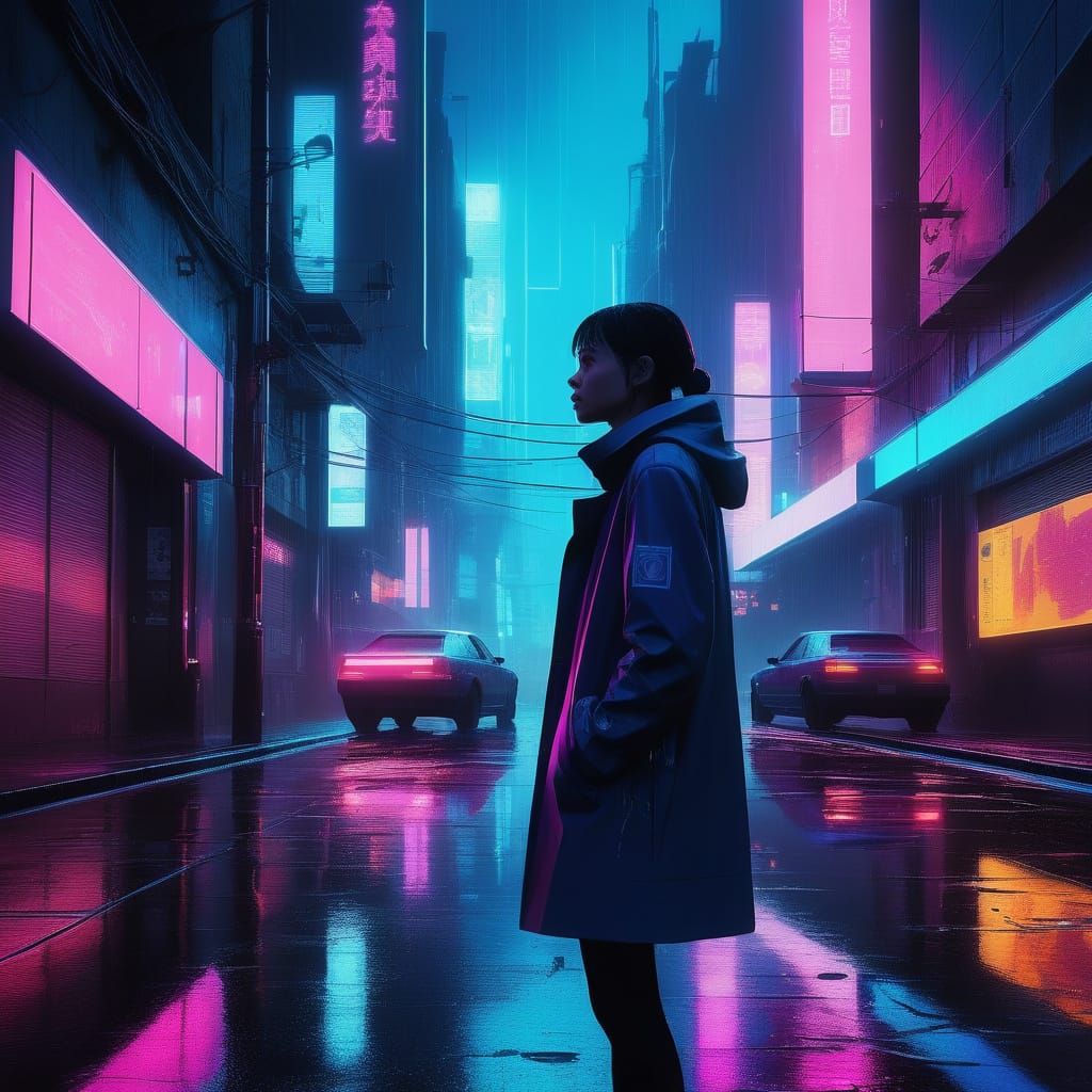 Cyberpunk Woman in Neon Rainy City