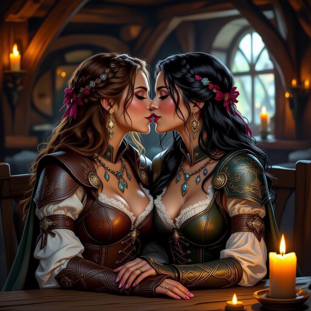 Fantasy Adventurer Women Share a Kiss in a Tavern