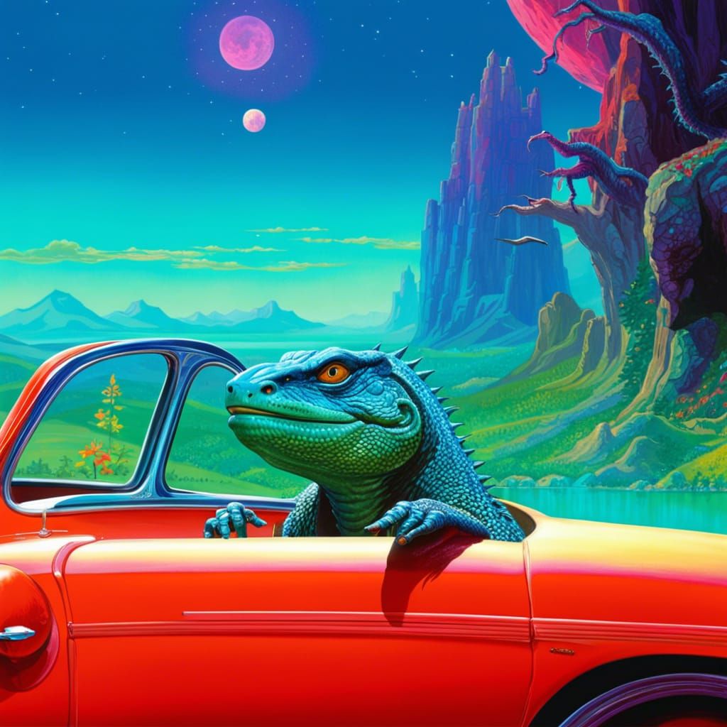 Reptilian Driver in Retro Car, Sci-Fi Art