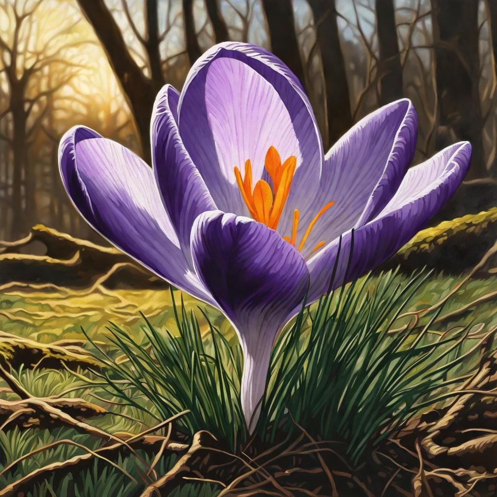 First flower of spring, a crocus rising up from Leafy grass, against a backdrop of trees with gold-green buds on tree br...