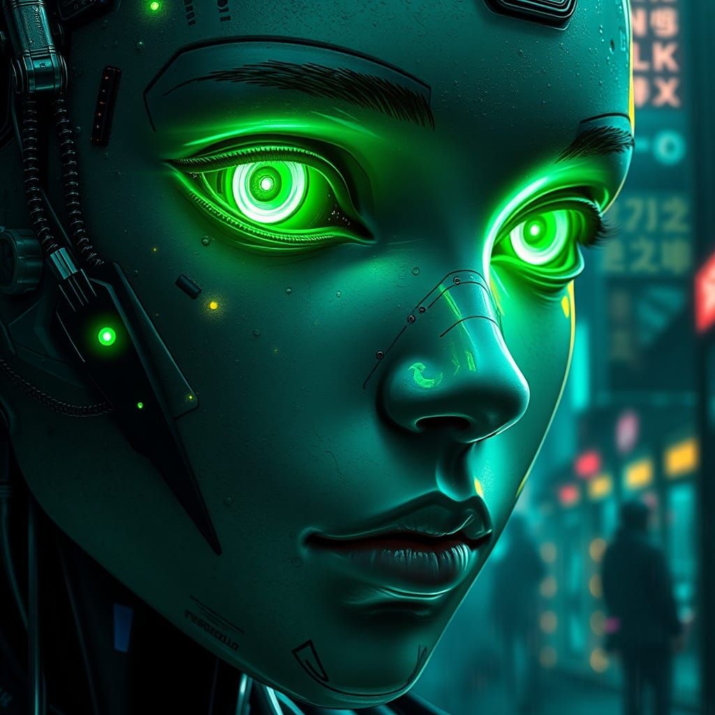 Primer plano de un rostro con circuitos cibernéticos