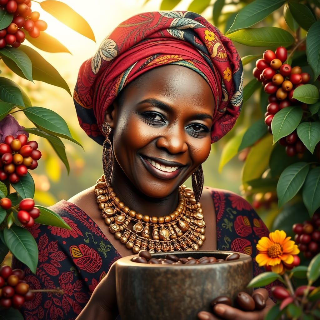 African Woman in Traditional Headdress Amidst Coffee Plants
