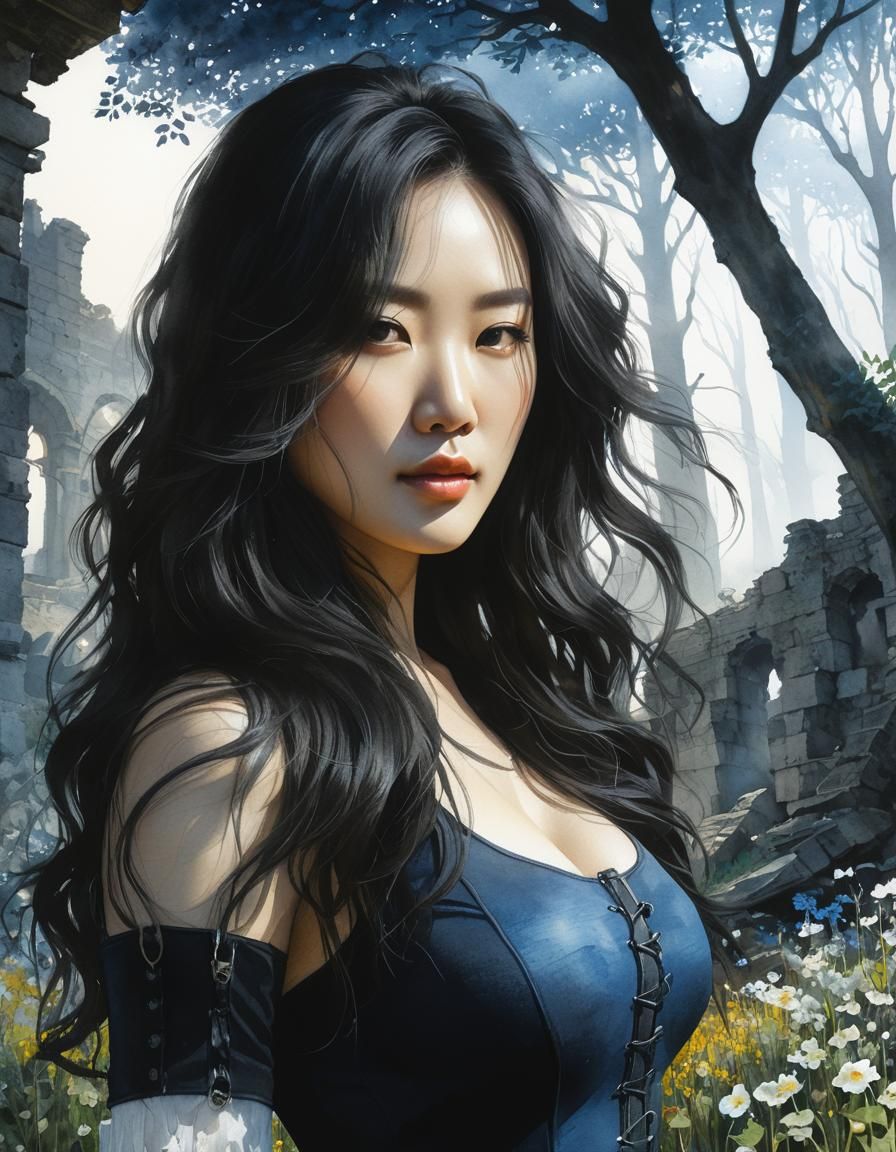 Surreal Silhouette of Korean Woman in Watercolor