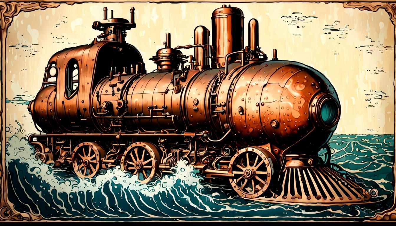 Dieselpunk Train and Tunicate: Copper Plate Illustration