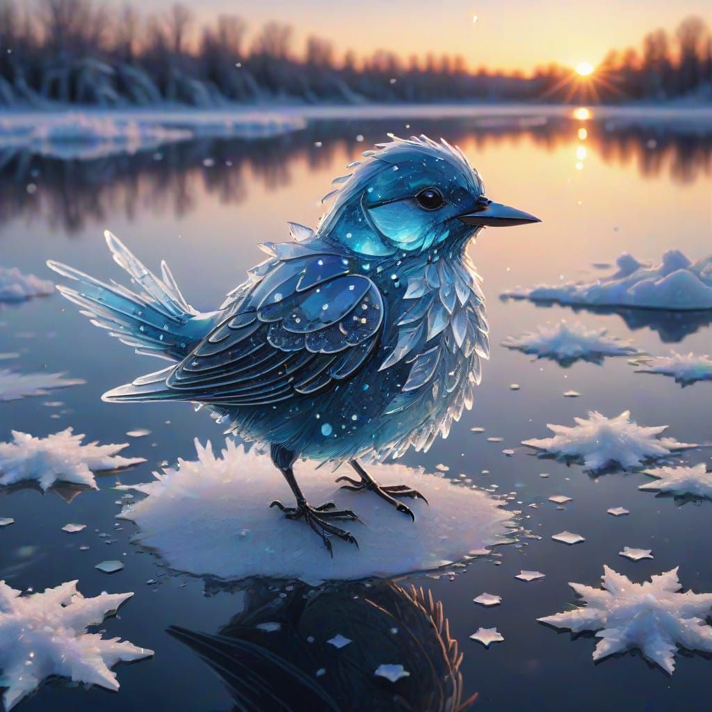 Hyperrealistic Ice Bird in Winter Sunset