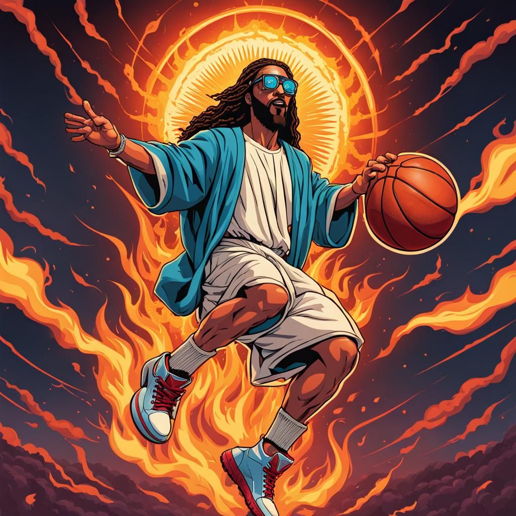 Jesus Dunks Basketball with Flaming Shoes
