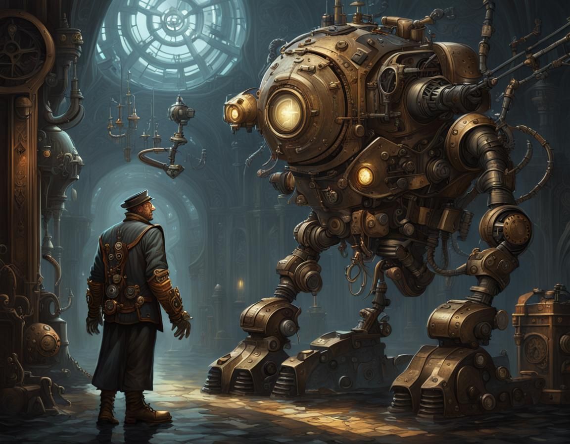 Mythical Creature Steampunk Robot Fusion in Digital Painting