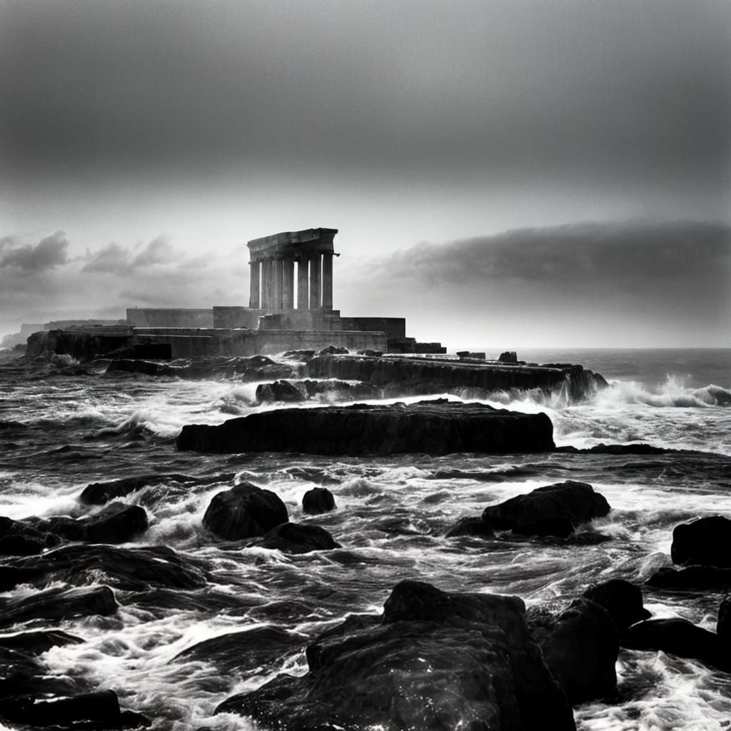 Ancient Roman Columns in Greek Pool, Moody B&W Photography