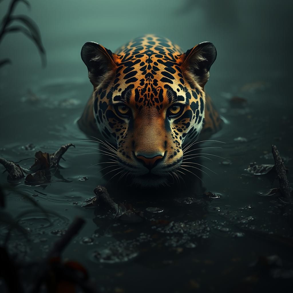 Jaguar Submerged in Murky Water: Cinematic Wildlife