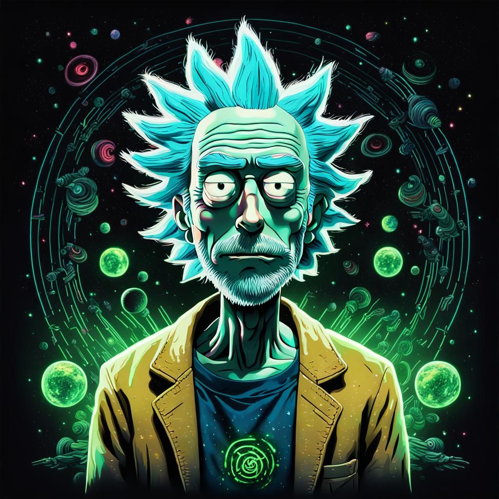 Hyperrealistic Rick Sanchez Portrait in Neon Space