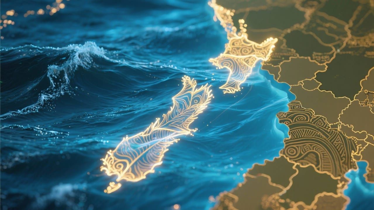 Maps of New Zealand and Korea Merged with Ethereal Glow