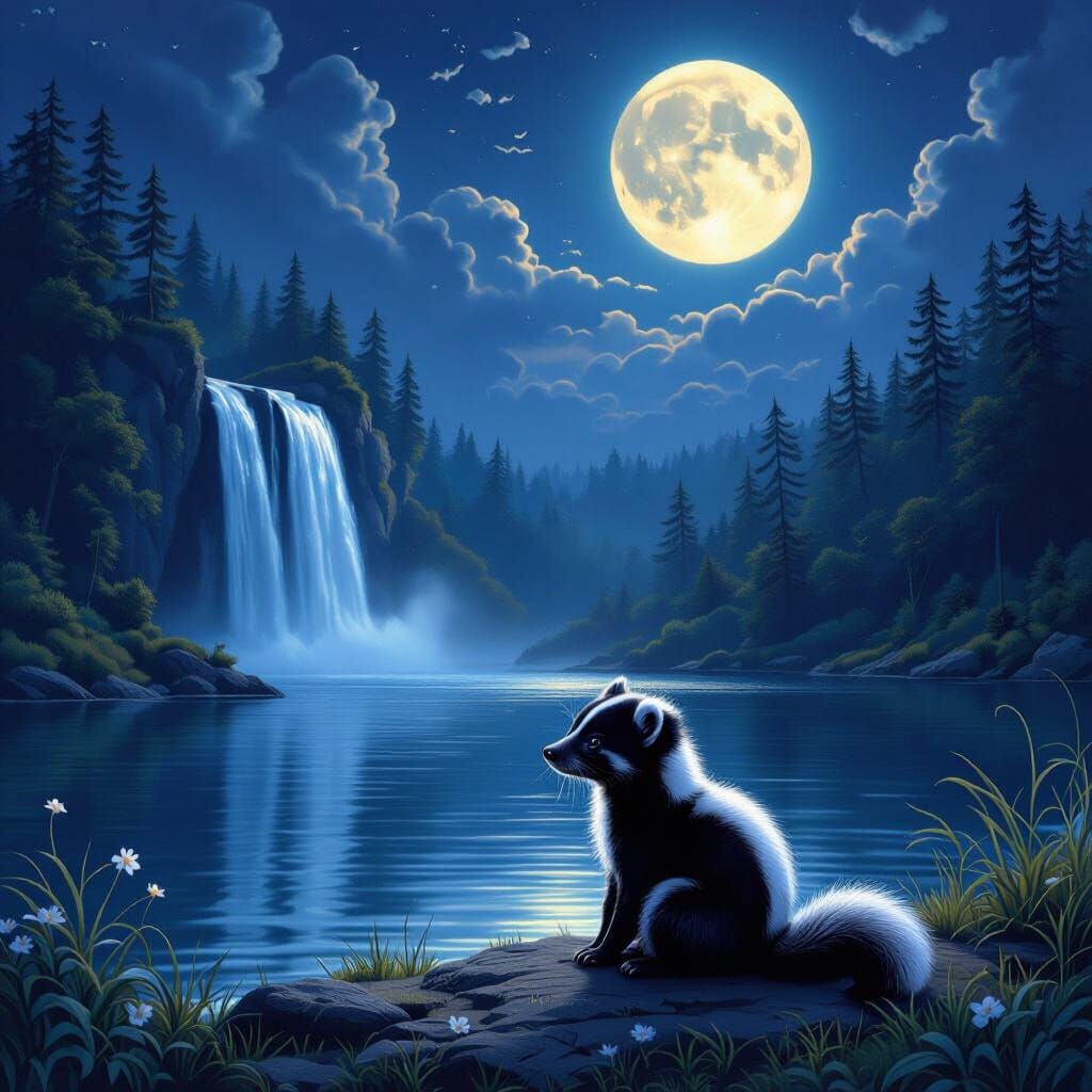 Baby Skunk by Waterfall Under Full Moon