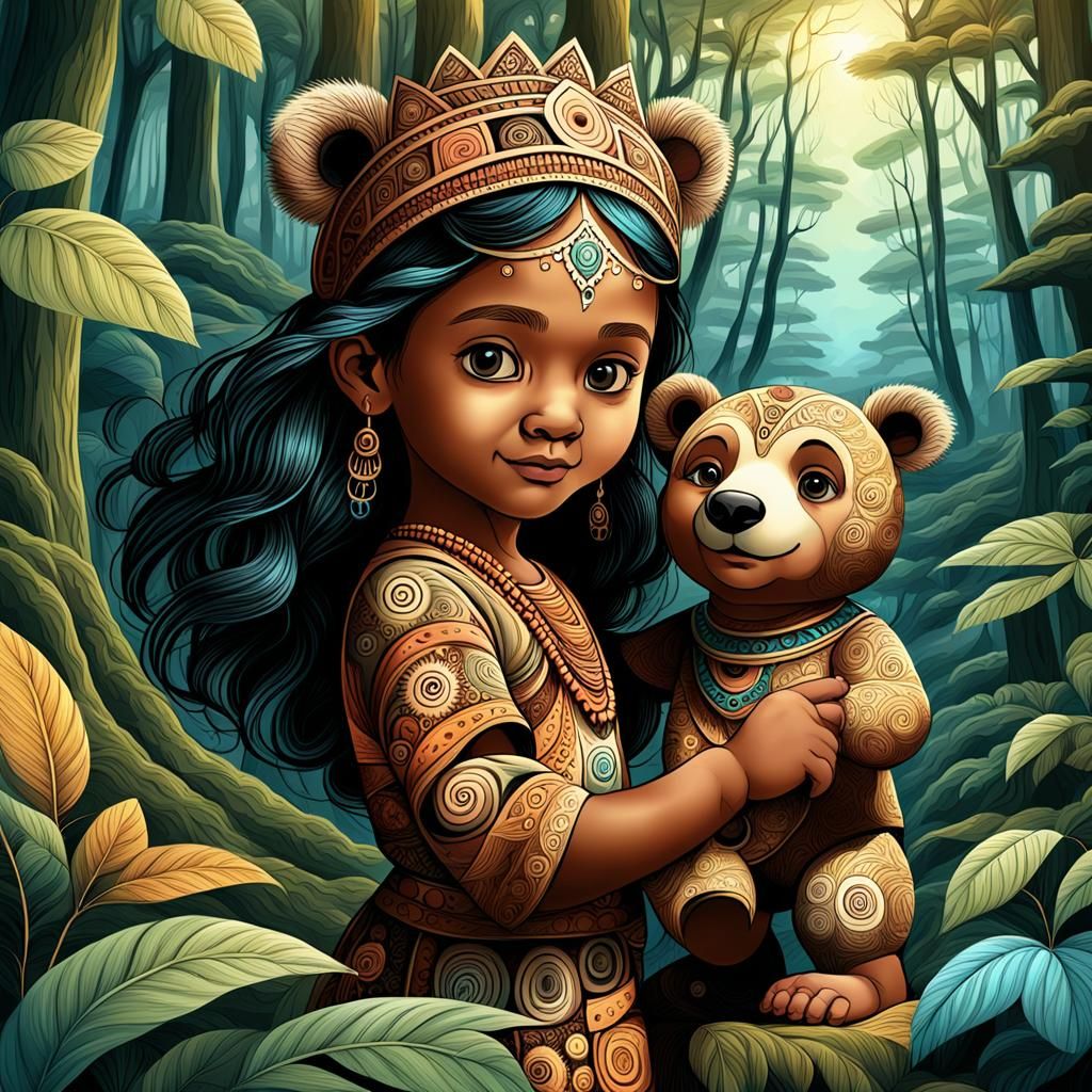 Taino Princess with Bear Cub in Forest
