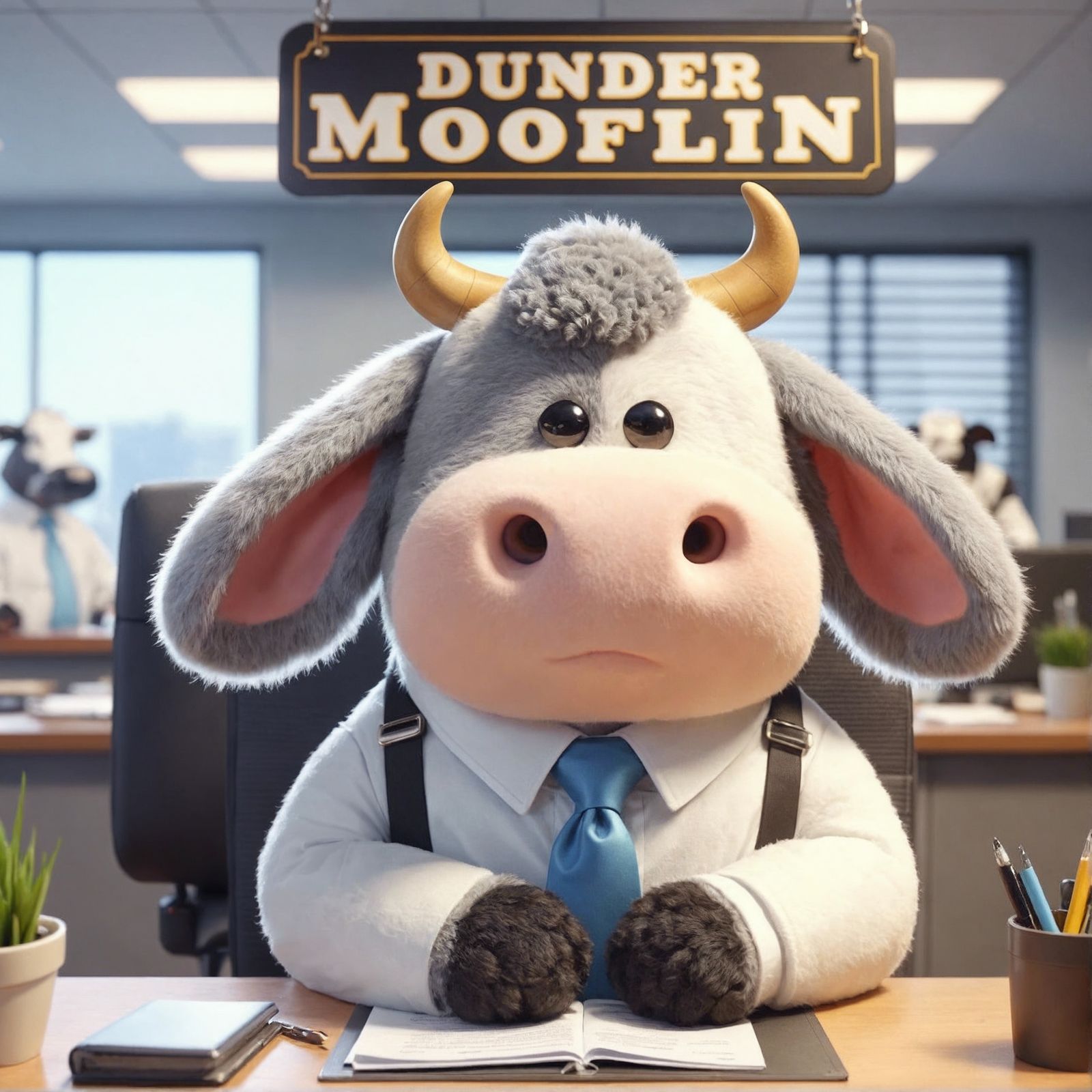 Adorable Cartoon Cow in Office Setting