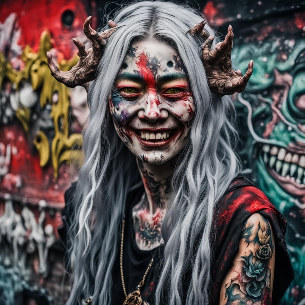 Anime Demon Girl in Grungy Swamp: Graffiti Art