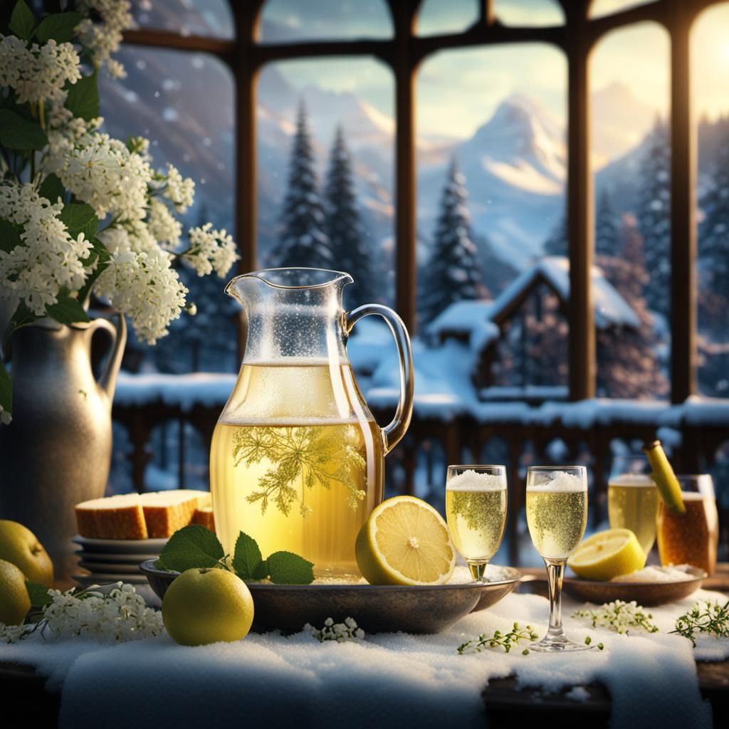 Elderflower Wine Still Life in Winter Garden