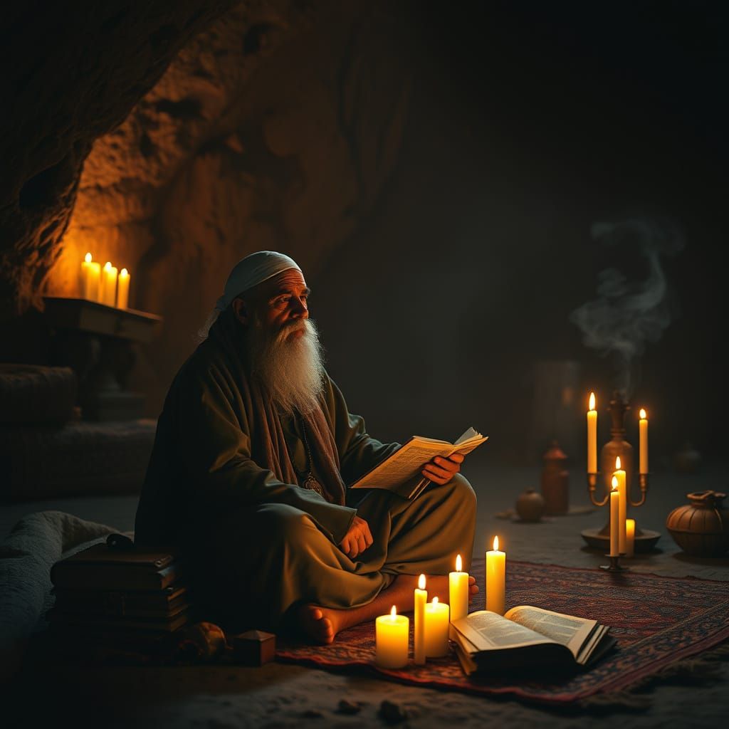 Sufi Mystic Meditates in Cave, Islamic Miniature Style