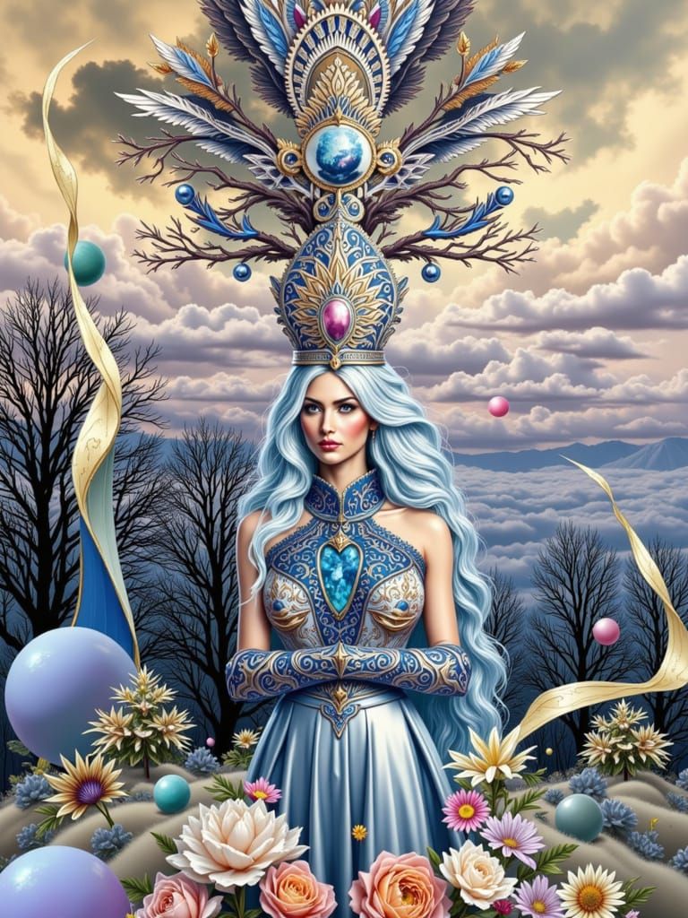 Goddess of November With Silver Gown and Blueish White Hair