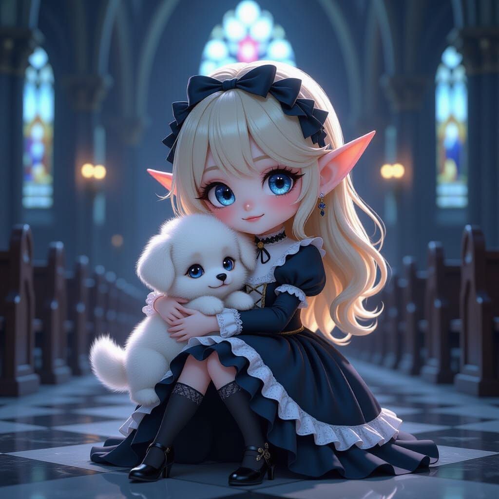 Chibi Elf Girl Hugs Puppy in Gothic Cathedral