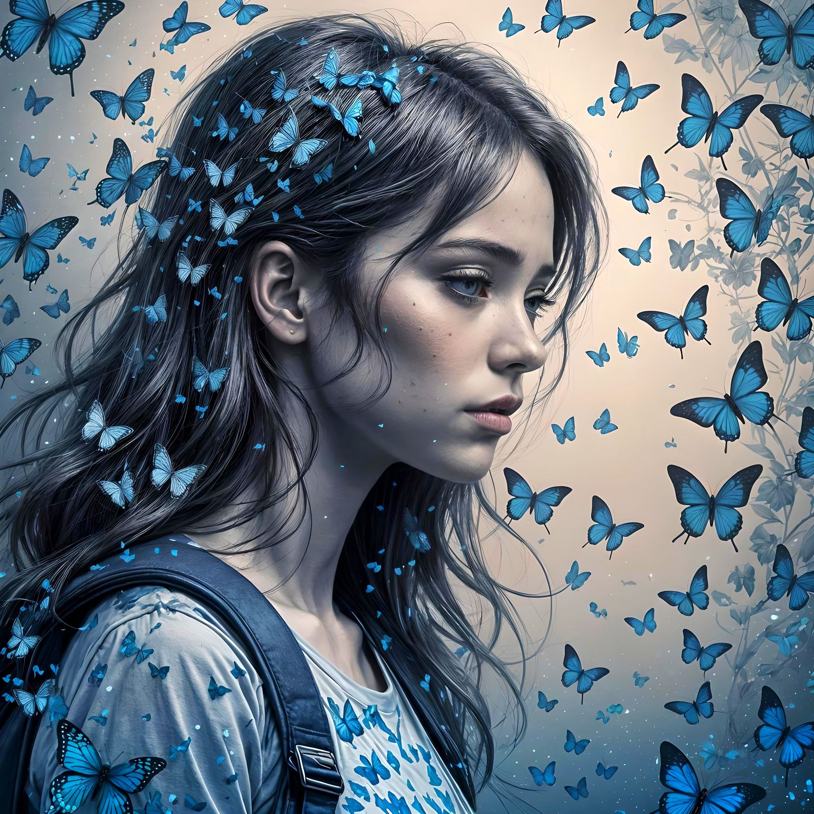 Sad Girl with Blue Butterflies Charcoal Drawing