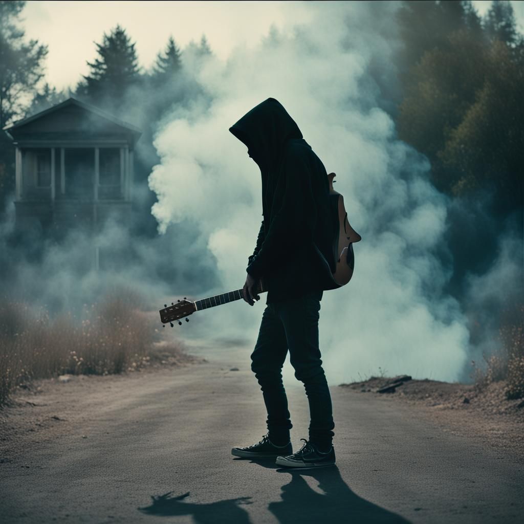 Eerie Album Cover with Boy and Guitar