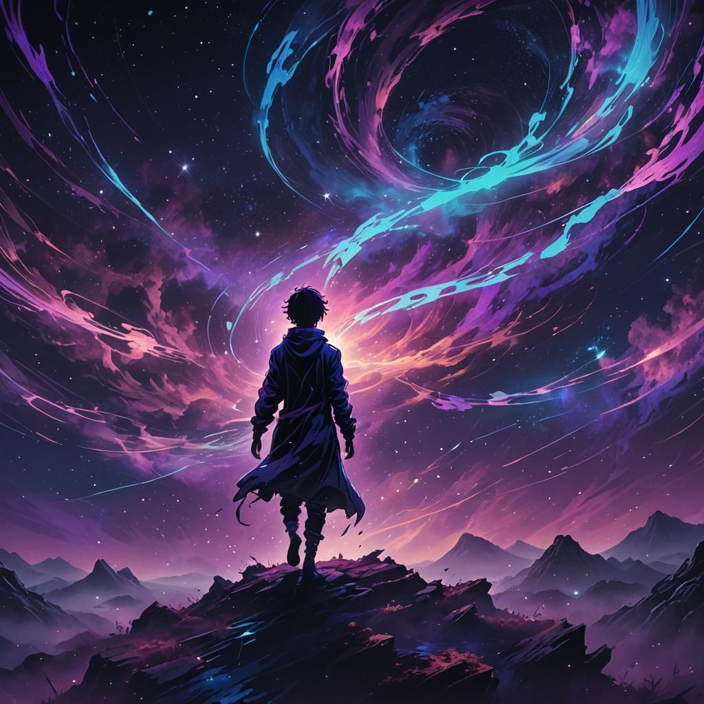 Anime Figure Floating in Surreal Dark Void