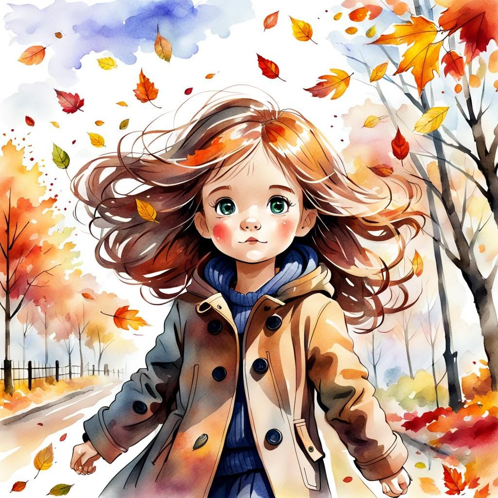 Autumn Girl with Blowing Leaves in Digital Watercolor