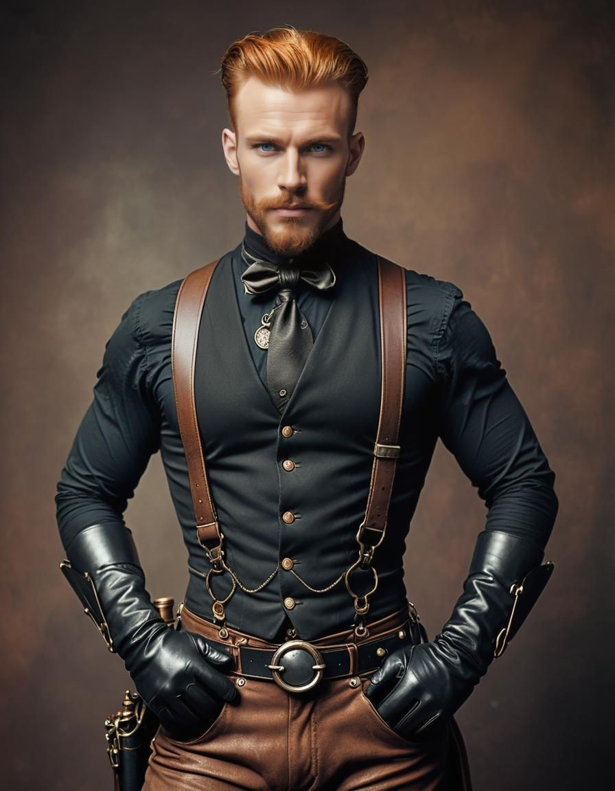 Steampunk Man with Ginger Mustache and Leather Gloves