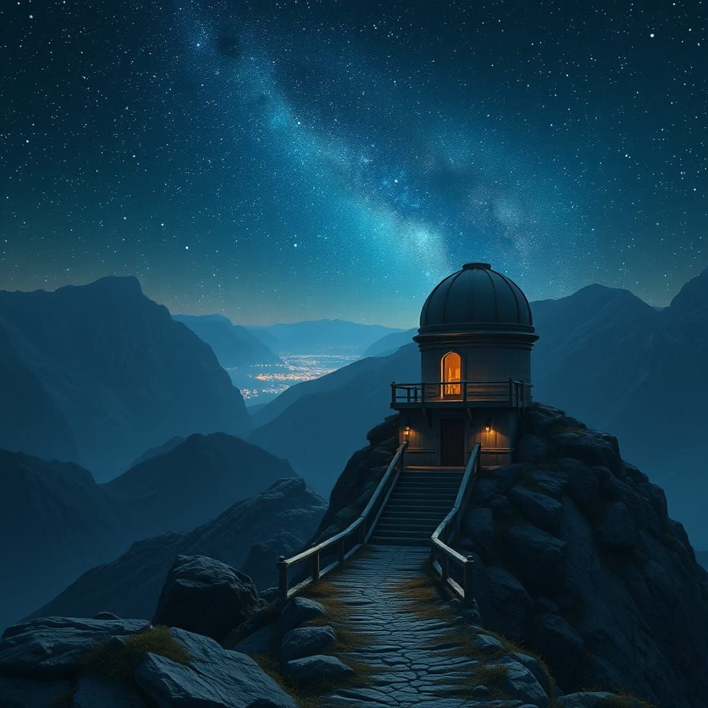 Mountain Observatory Under Stars, Detailed Matte Painting