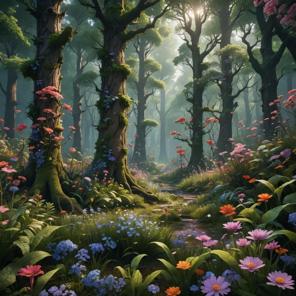 Photorealistic Forest with Flowers in Detailed Matte Paintin...