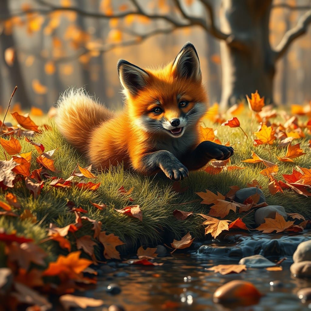 Playful Fox Cub Tumbles in Autumn Leaves