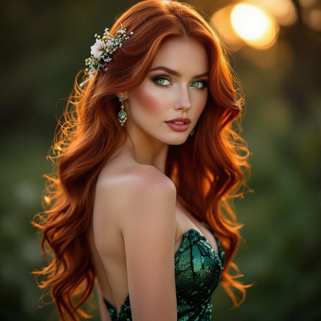 Luminous Woman with Red Hair and Sapphire Eyes