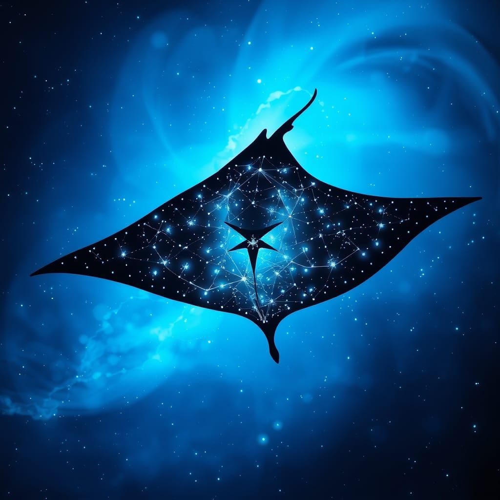 Constellation Manta Ray Floating in Bioluminescent Galaxy