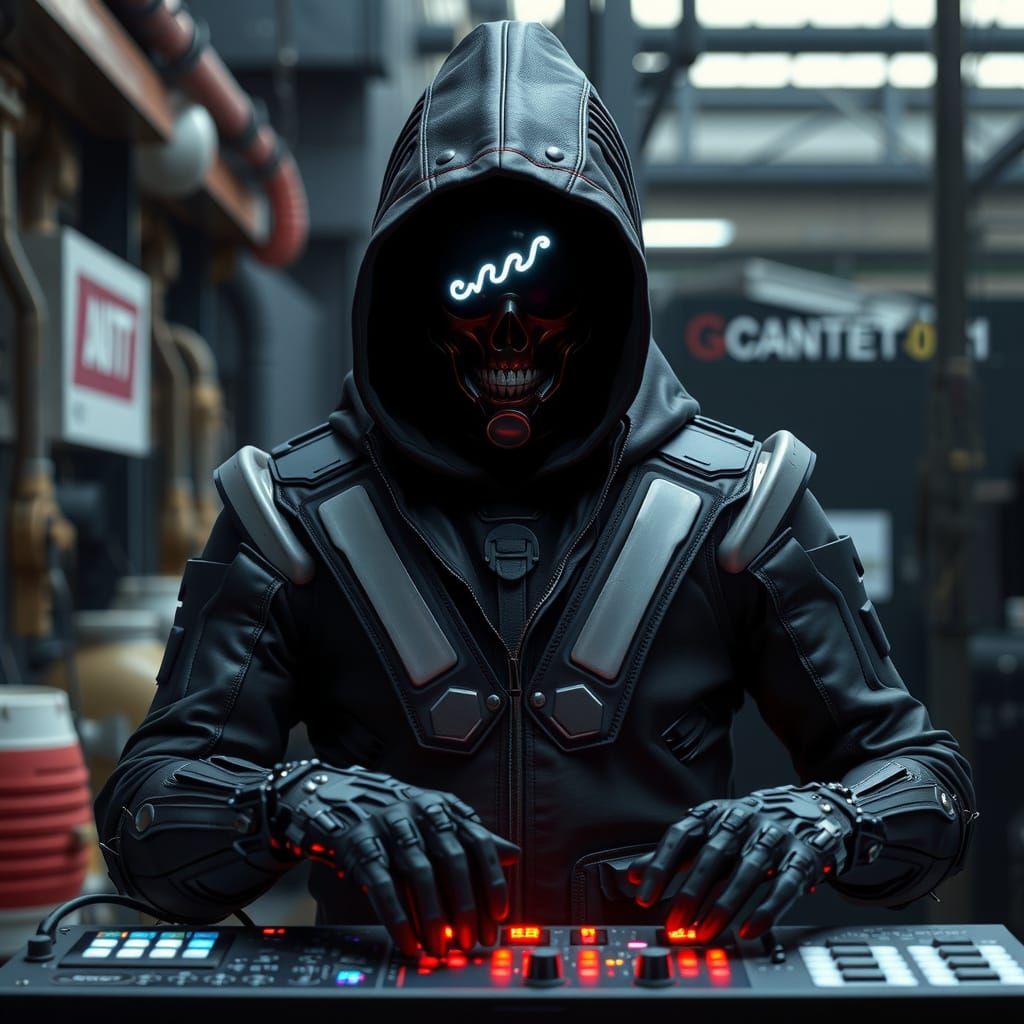Dark Hooded Cyborg Plays Digital Drums in Industrial Setting