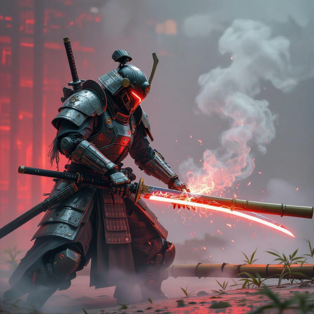 Mechanical Samurai Slicing Digital Bamboo in Cyberpunk Style