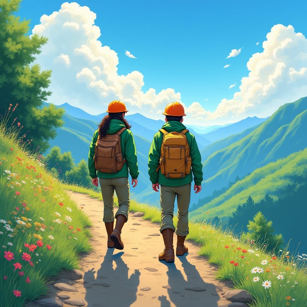 Geologists Hike Mountain Trail in Studio Ghibli Style