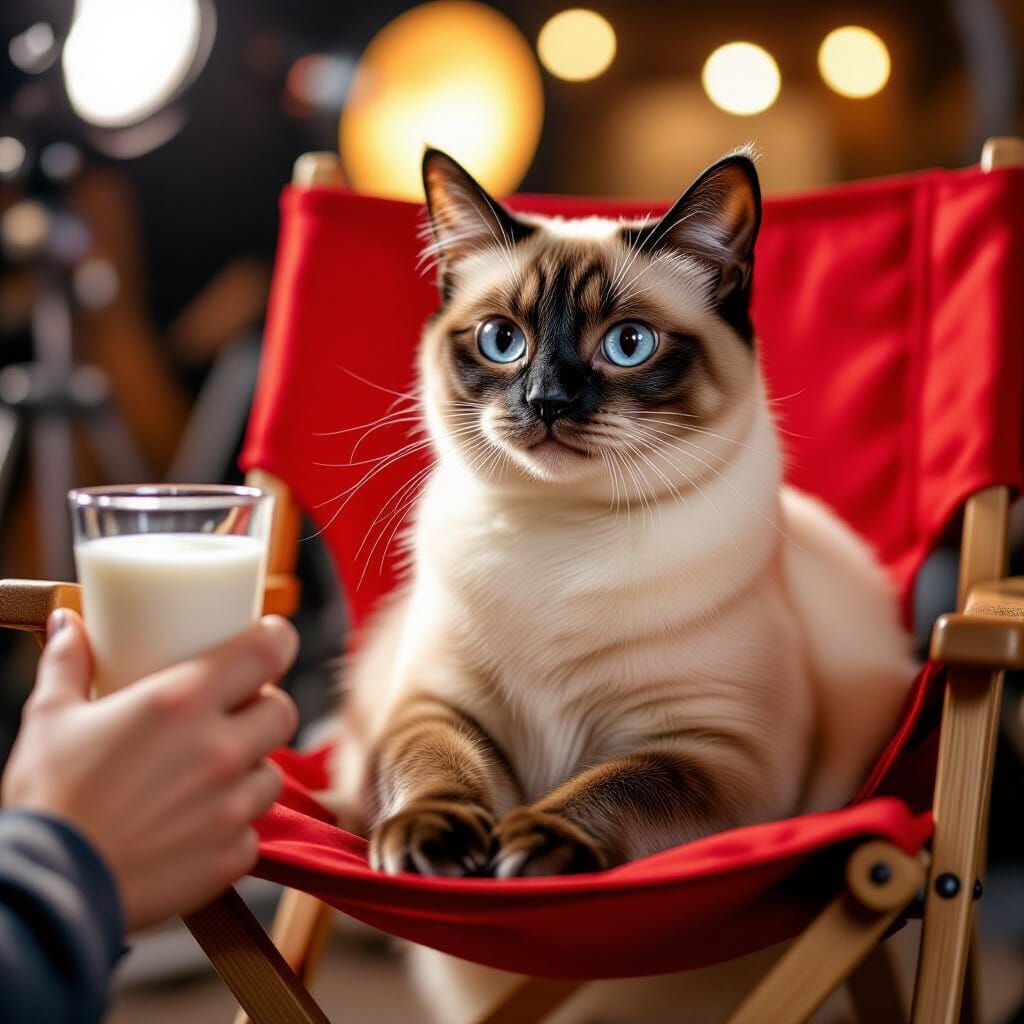 Mischievous Siamese Cat Enjoys Milk on Movie Set