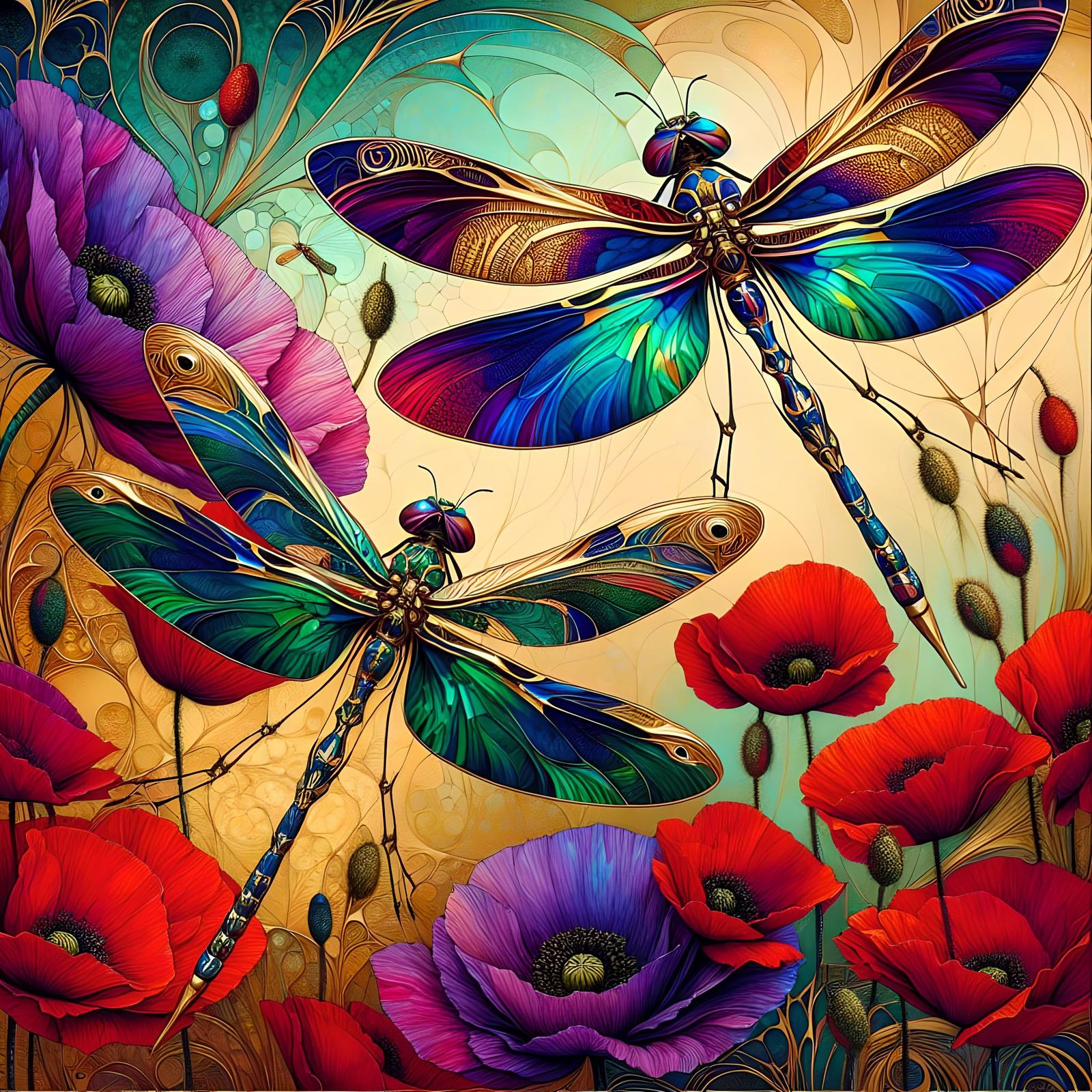 Dragonflies with Iridescent Wings over Poppy Field