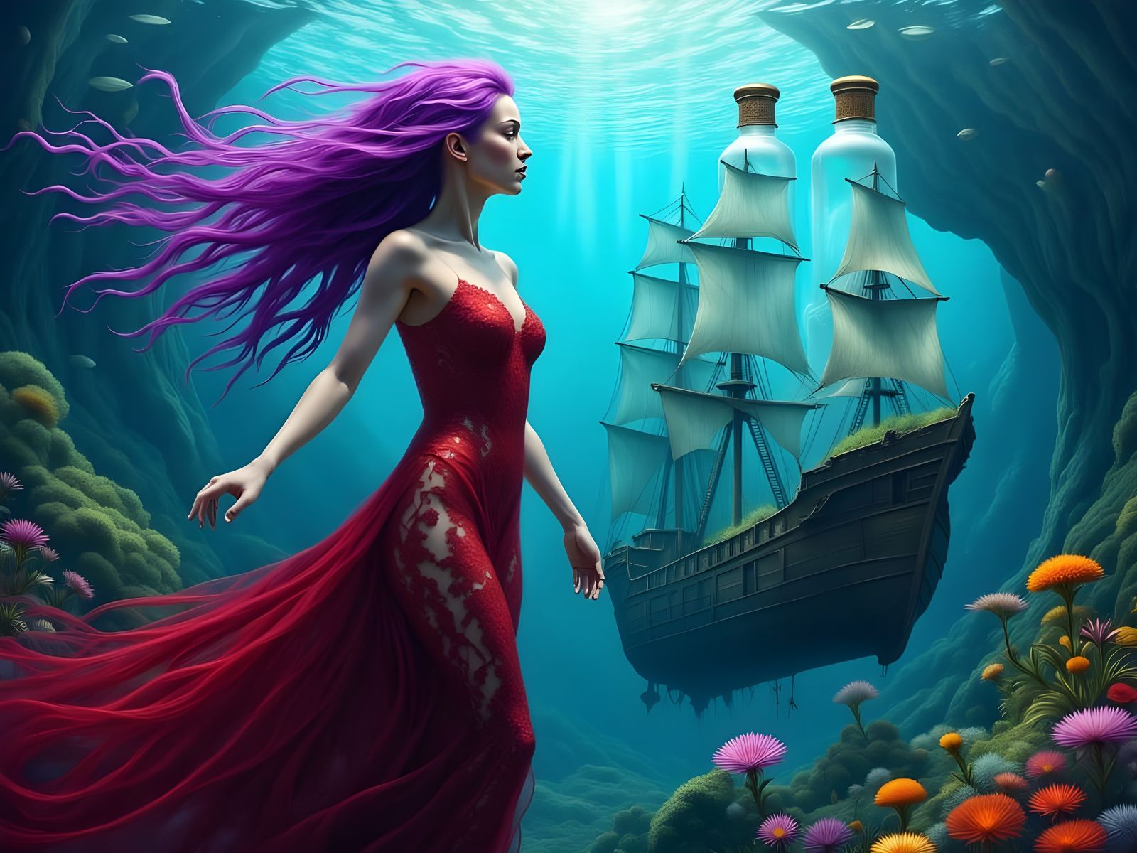 Underwater Goddess Gazing at Shipwreck: Detailed Matte Paint...