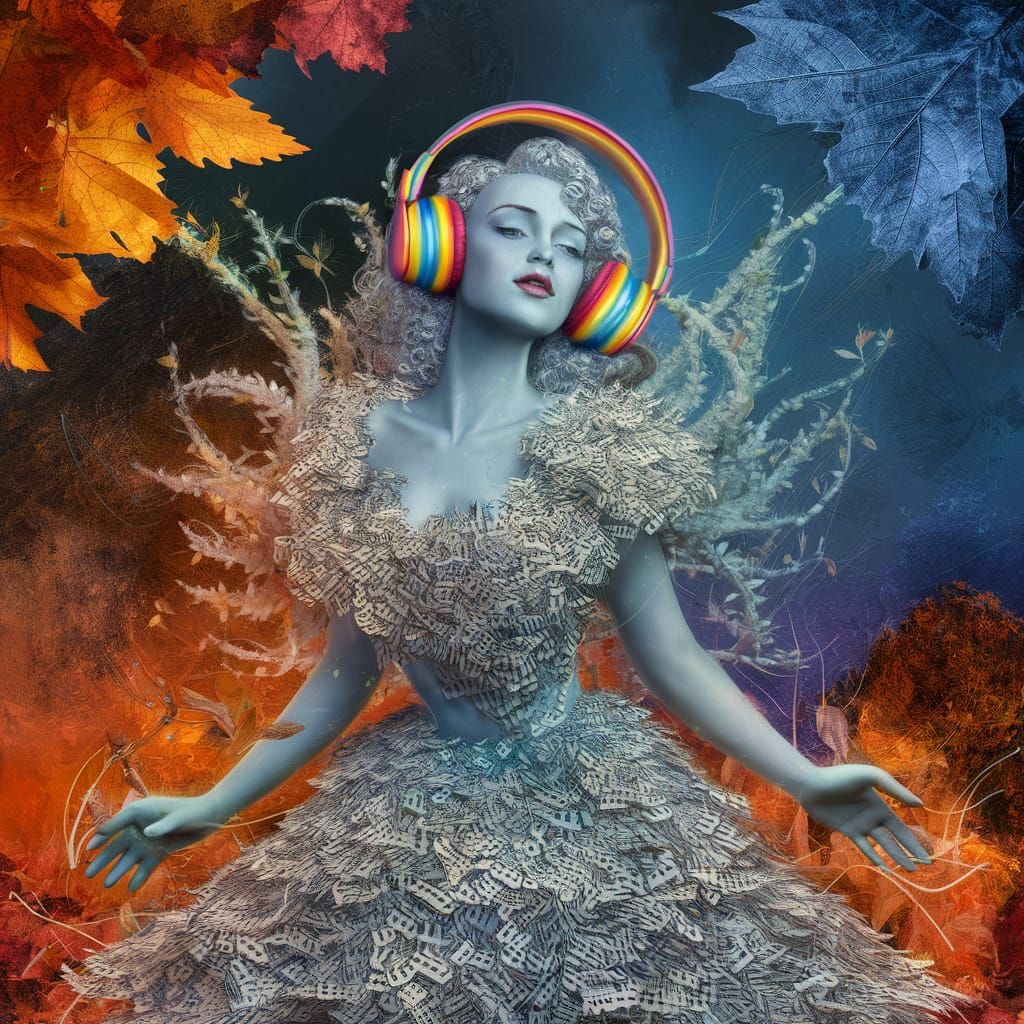 A surreal artwork of a beautiful woman wearing a dress that ...