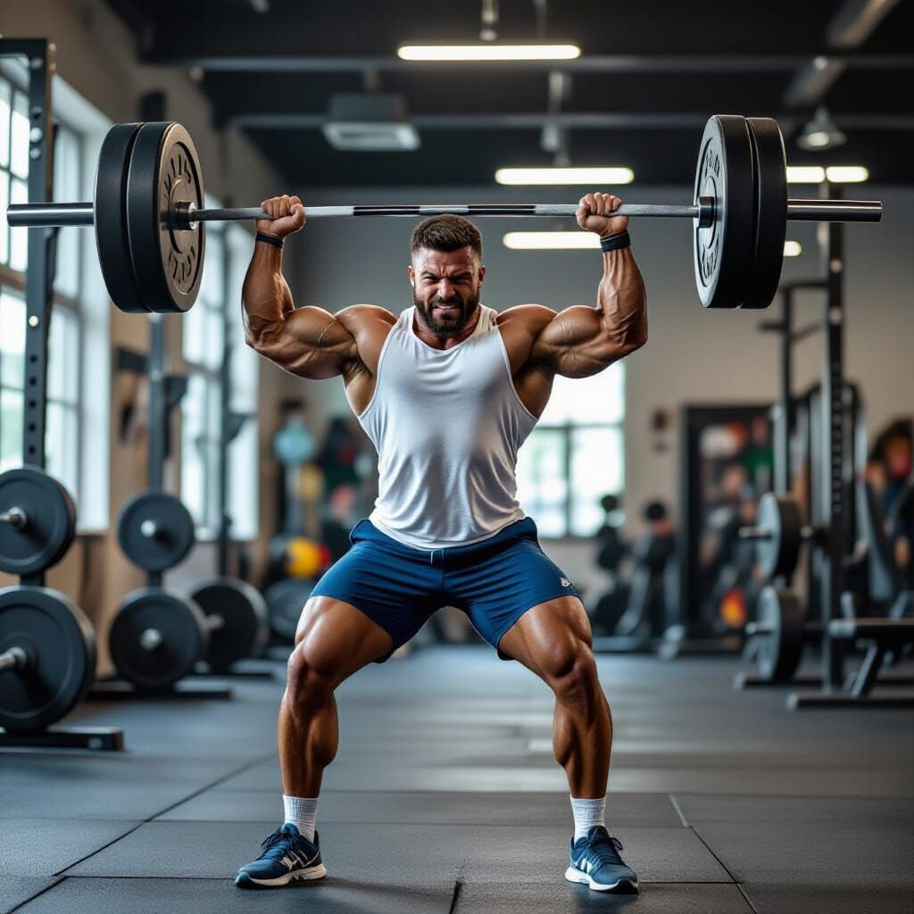Bodybuilding Champion Lifts Heavily Loaded Barbell