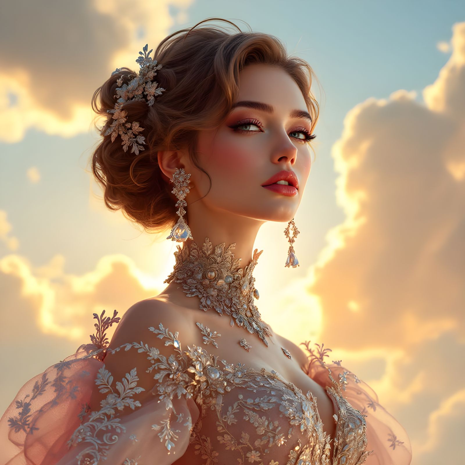 Elegant Woman in Art Nouveau Portrait with Volumetric Lighti...