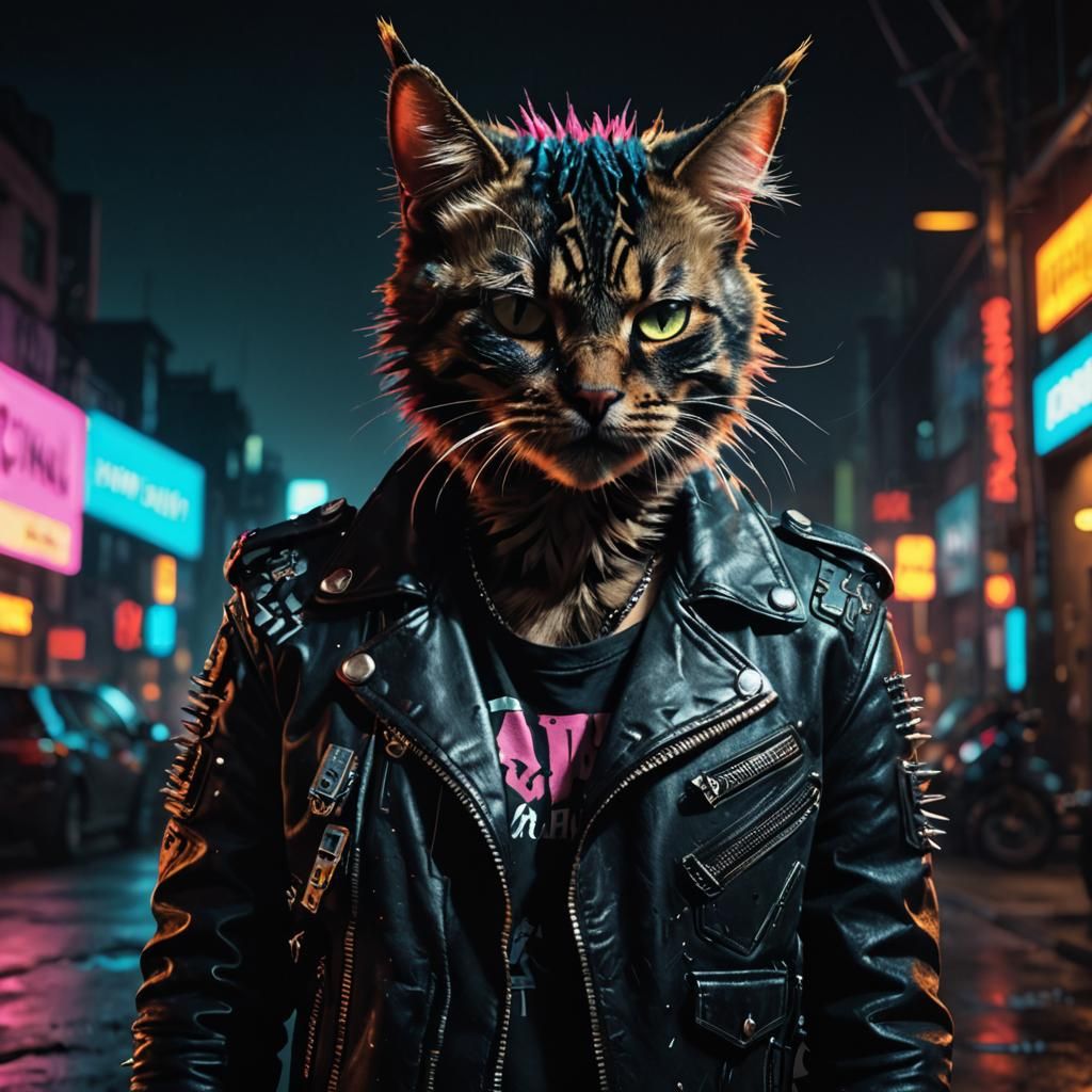 Punk Cat Portrait in Cyberpunk Style