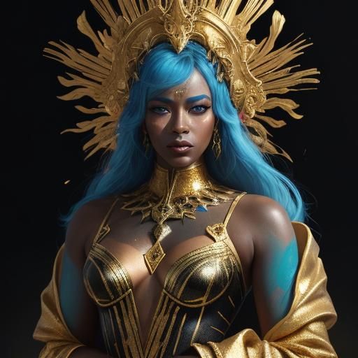 Golden Woman with Peacock Feathers, Abstract Oil Painting