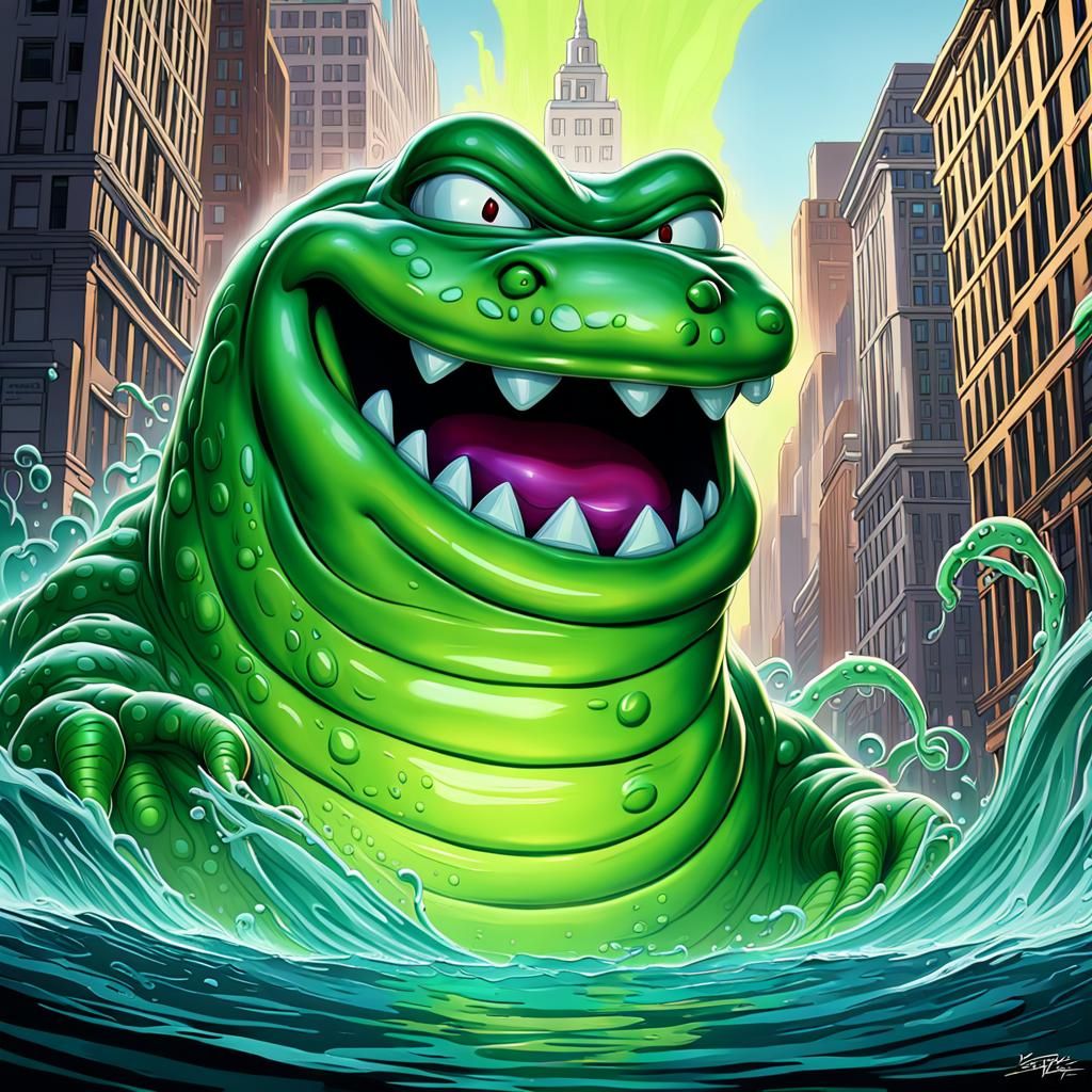 Hyperrealistic Slimer Cartoon in Splash Art Style
