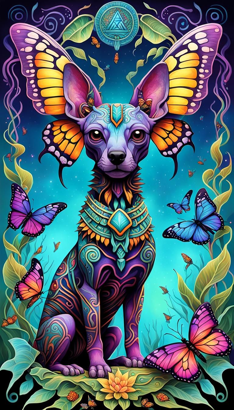 Anthropomorphic Xoloitzcuintle in Iridescent Cornfield