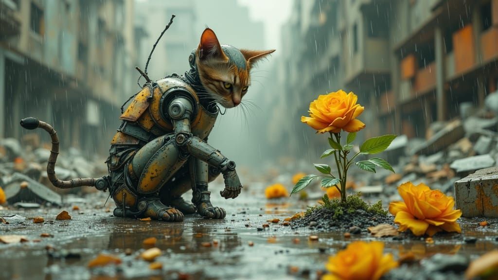 Robot Cat's Tender Moment with Rose in Ruined City