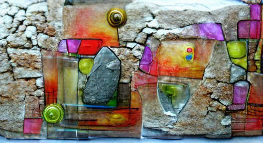 Colorful Mixed Media Art with Stone and Glass